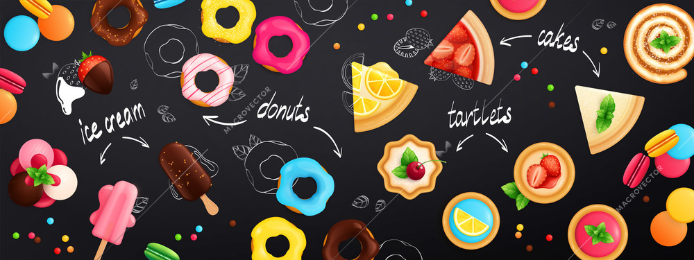 Desserts sweets black background horizontal banner header with macarons strawberry lemon cakes tartlets ice cream vector illustration