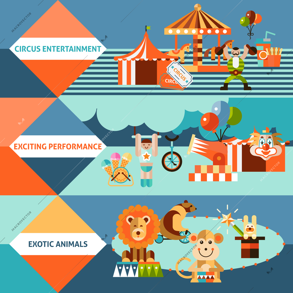 Circus entertainment flat banner set with exotic animals exciting performance isolated vector illustration.