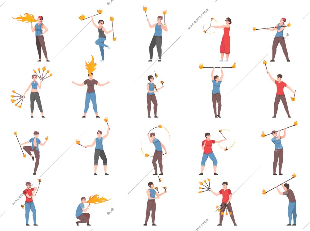 Fire show flat set of torch jugglers and  performers spewing fire out of their mouth isolated vector illustration