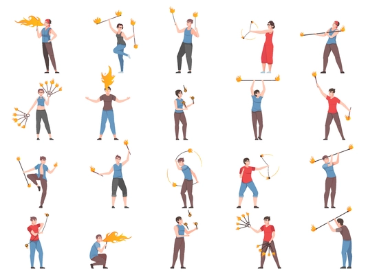 Fire show flat set of torch jugglers and  performers spewing fire out of their mouth isolated vector illustration