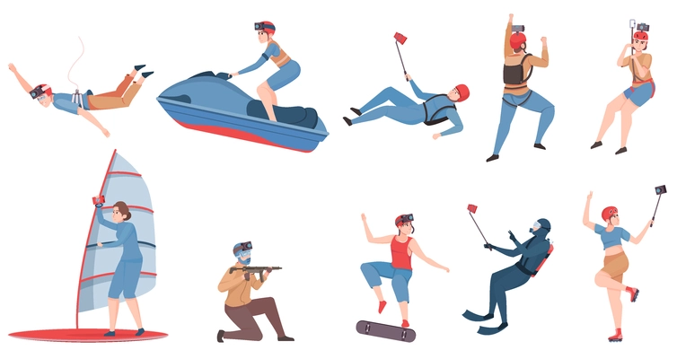 Action camera flat color set of people engage in extreme sports and film on phone isolated vector illustration