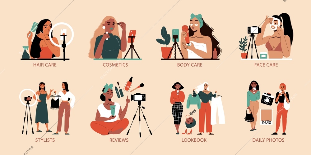 Set of flat compositions with beauty and fashion bloggers recording videos about hair body skin care reviews lookbook isolated vector illustration