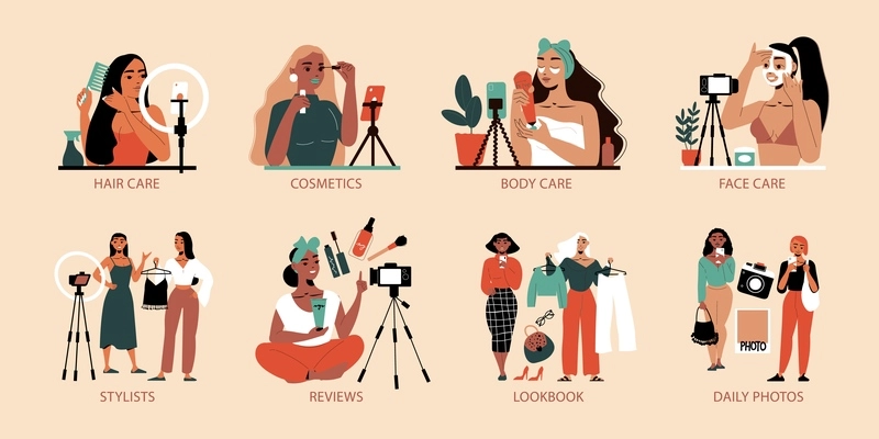 Set of flat compositions with beauty and fashion bloggers recording videos about hair body skin care reviews lookbook isolated vector illustration