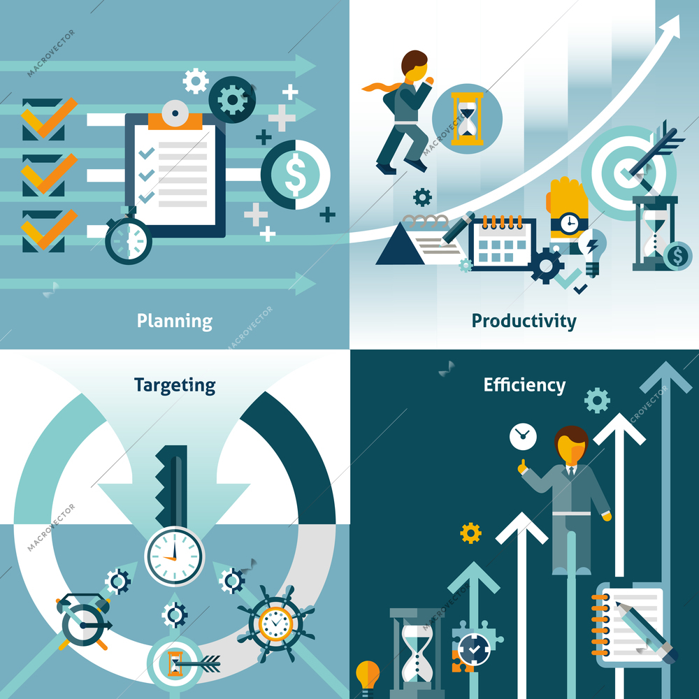 Time management flat icons with planning productivity targeting efficiency isolated vector illustration