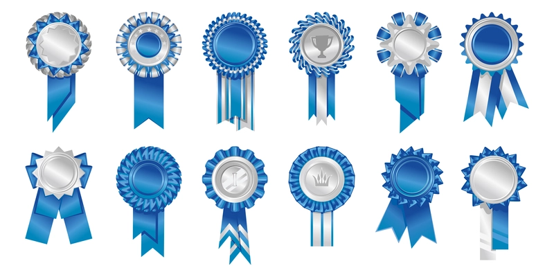 Rosettes rewards blue icon set round shape with ruffles and ribbons at the bottom blue and silver colors vector illustration