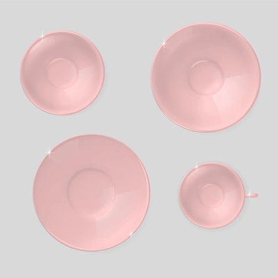 Realistic set of pink dishes of different sizes on a gray background top view  isolated vector illustration