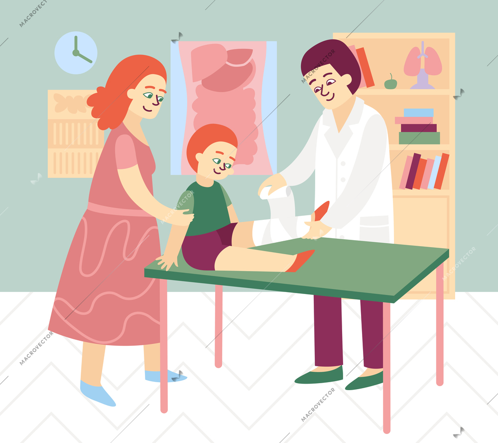 Doctor pediatrician composition with mother and son with leg being rolled with bandage by doctors hands vector illustration