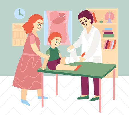 Doctor pediatrician composition with mother and son with leg being rolled with bandage by doctors hands vector illustration