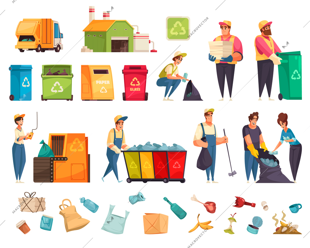 Cartoon icons set with characters of cleaners volunteers collecting rubbish recycling plant various kinds of garbage and trash containers isolated vector illustration