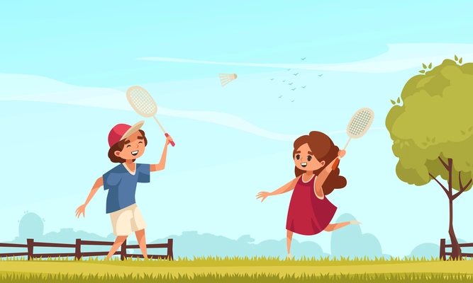 Happy children playing badminton on green lawn in countryside cartoon vector illustration