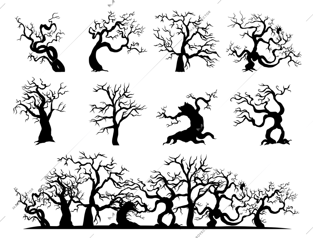 Spooky halloween set of dead trees silhouettes with long bare branches isolated on white background realistic vector illustration