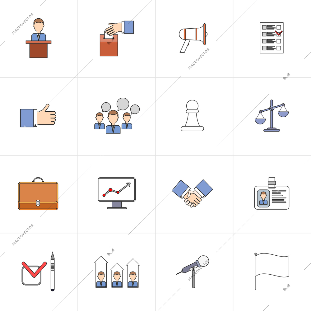 Elections and voting flat line icons set with thumbs up strategy results isolated vector illustration