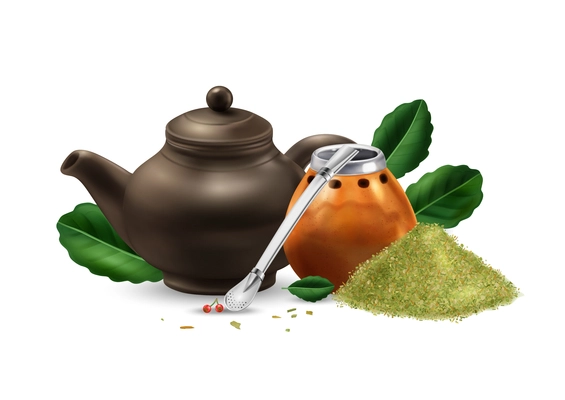 Realistic mate tea accessories with calabash bombilla teapot and green leaves vector illustration