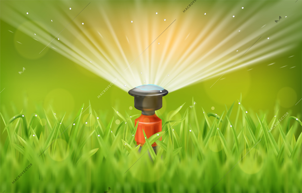 Automatic sprinkler system watering fresh green lawn realistic vector illustration