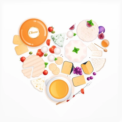 Cheese flat composition with top view of heart shaped set of different gourmet products cheese slices vector illustration