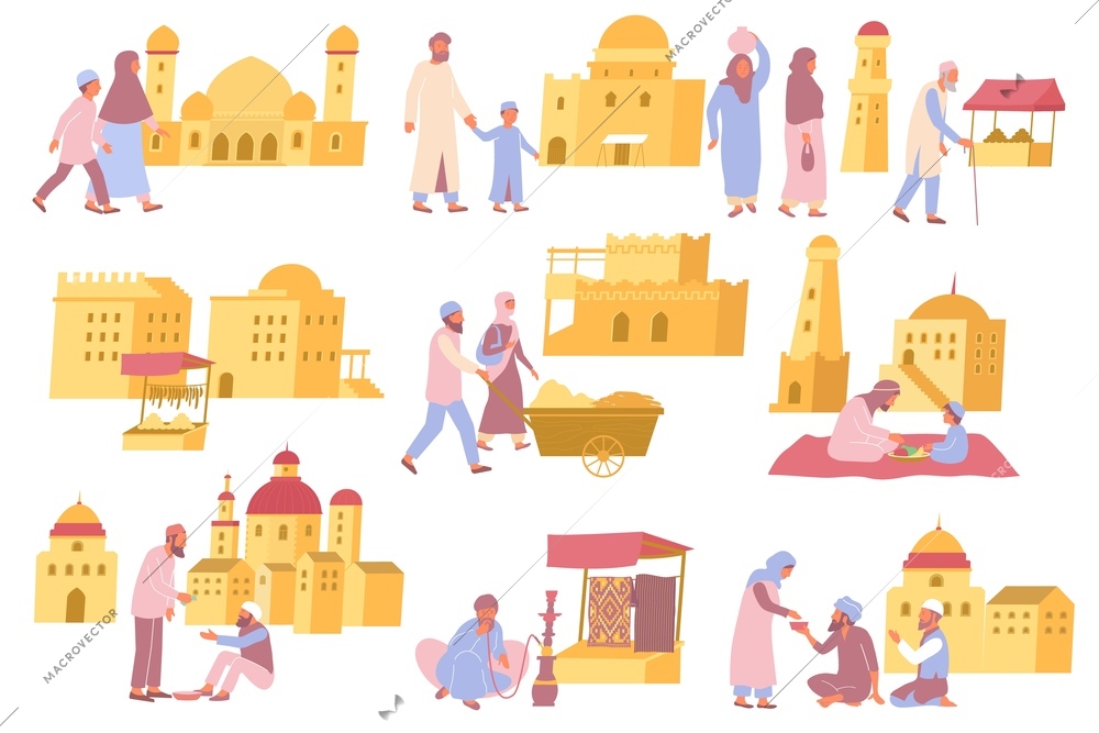 People chatting walking around the mosque smoking hookah and eating in an arab city set flat vector illustration