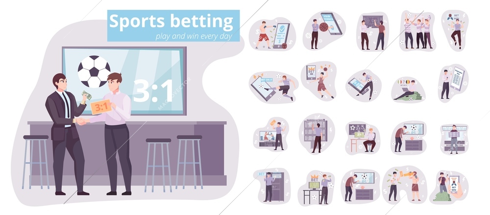 Set of isolated sports betting flat compositions with images of sport elements electronic gadgets and people vector illustration