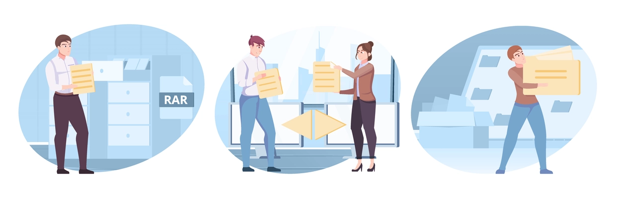 File set of three isolated compositions of flat human characters holding document pictograms with office scenery vector illustration