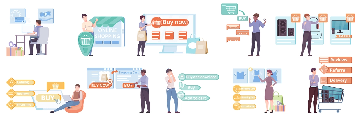 Set of isolated shopping online button compositions with gadgets carts and computers commercial pictograms and text vector illustration