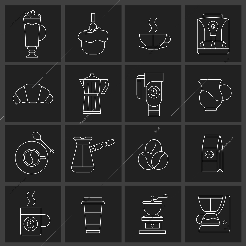 Coffee icons outline set with croissant turk coffee-bulb pot isolated vector illustration