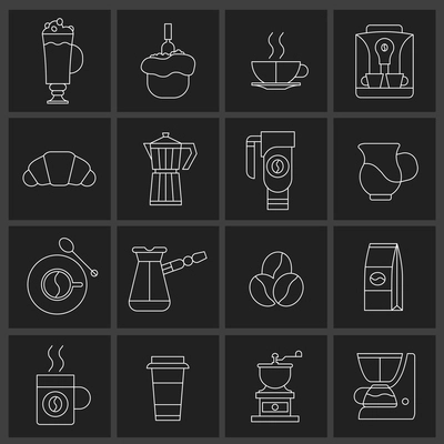 Coffee icons outline set with croissant turk coffee-bulb pot isolated vector illustration