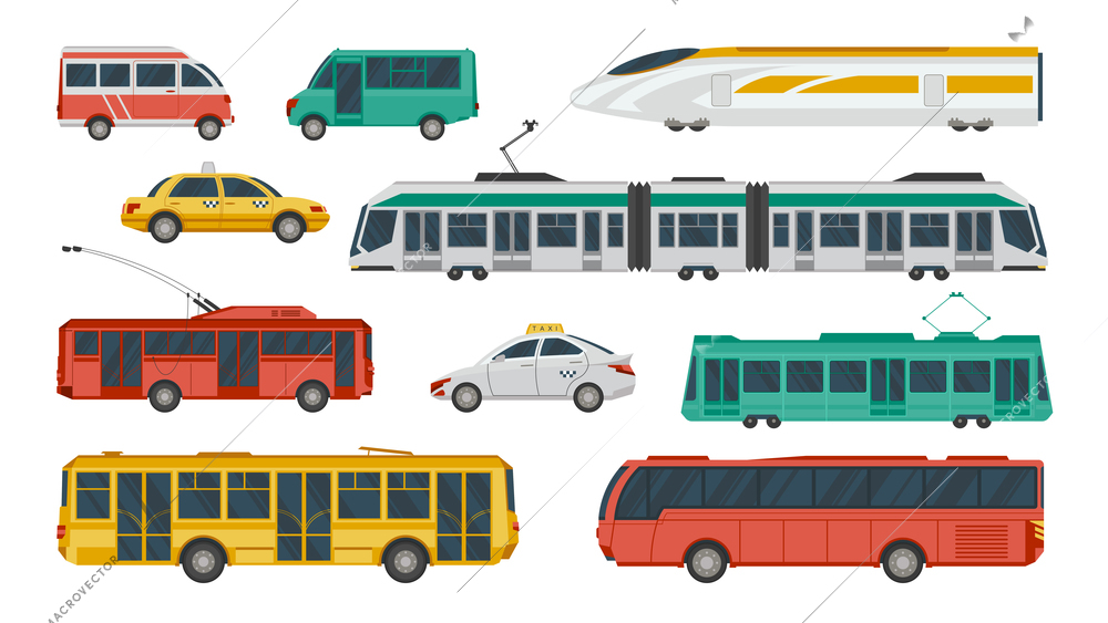 Public transport color icon set cabs buses trolleybuses shuttle buses streetcars and trains in different colors vector illustration