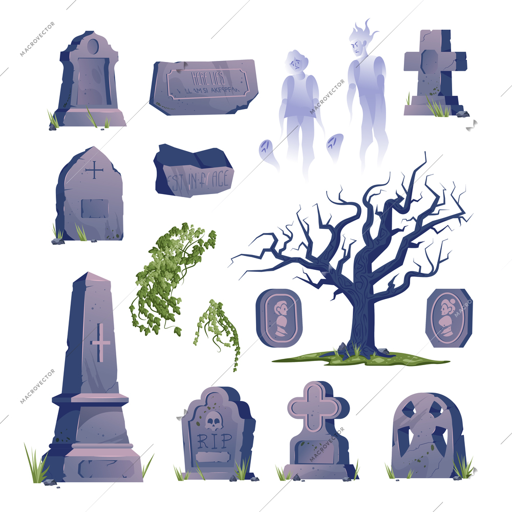 Cemetery gravestone old icon set gravestones of various shapes and sizes ghosts and old trees vector illustration