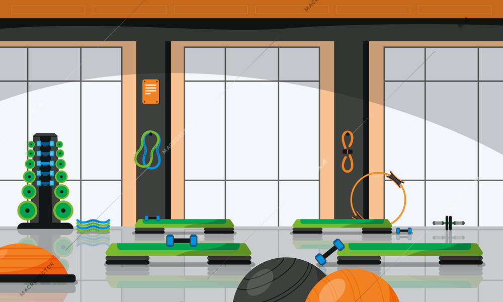 Gym fitness colored composition room for group sports classes in fitness club vector illustration