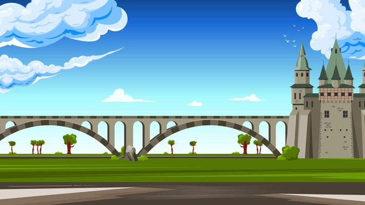 Bridges landscape colored cartoon composition large bridge is road to the castle vector illustration