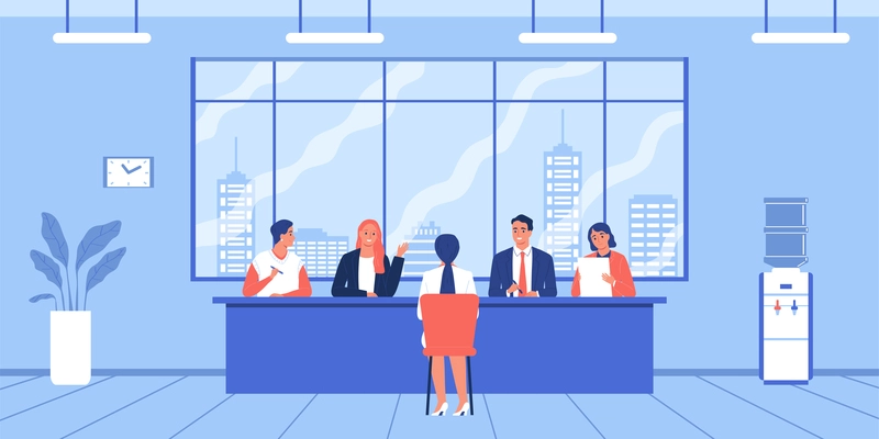 Job search composition with indoor scenery and character of female applicant sitting in front of employers vector illustration