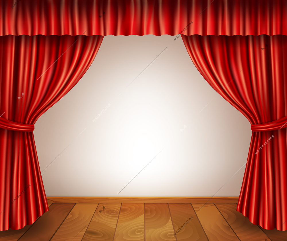 Theater stage with wooden floor red velvet open retro style curtain isolated on white background vector illustration