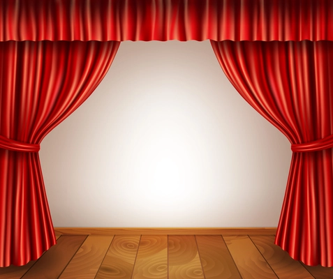 Theater stage with wooden floor red velvet open retro style curtain isolated on white background vector illustration