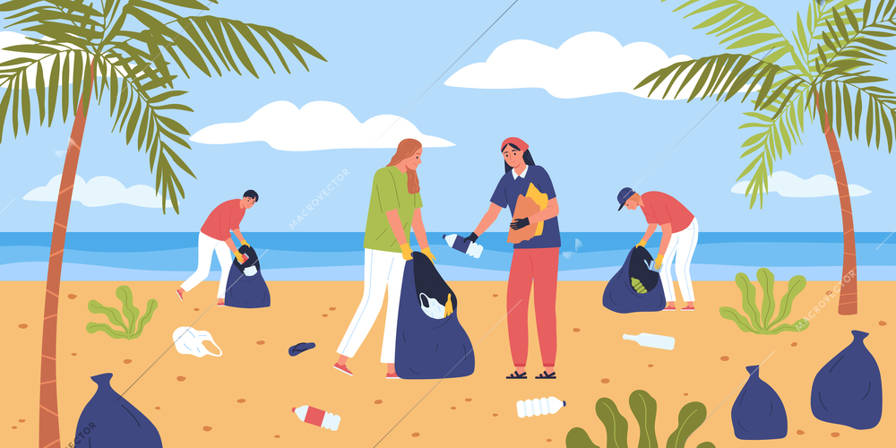 Garbage coast composition with outdoor beach scenery with sea palms and people gathering rubbish into sacks vector illustration