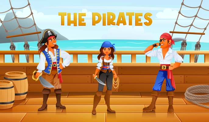 Two brave pirates and a woman pirate stand on the deck of the ship vector cartoon illustration