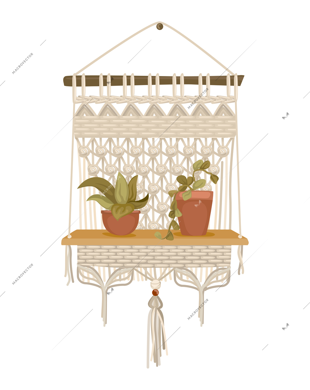 Handcrafted wall hanging with shelf for home flower in macrame decor style isolated object on white background vector illustration