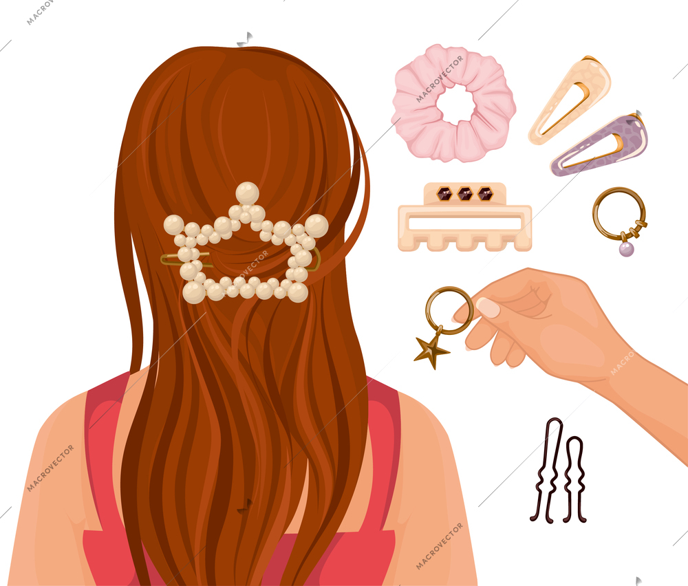 Flat composition with longhaired young girl and hairdressers hand holding bijouterie item for female hairstyling decoration vector illustration