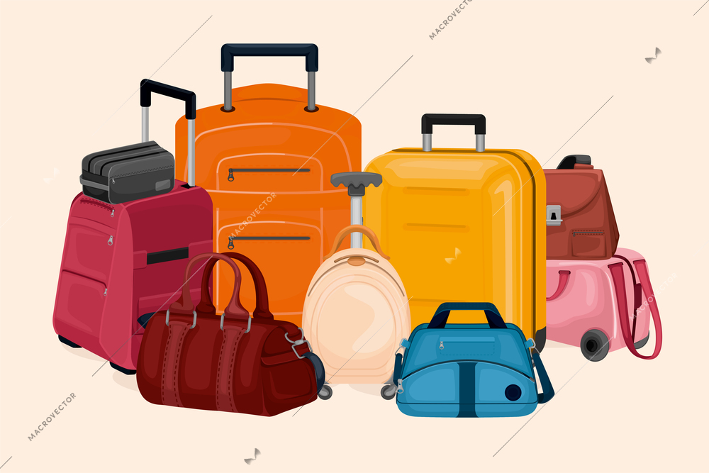 Luggage colored composition with plastic suitcases on wheels travel bags and clutch flat vector illustration