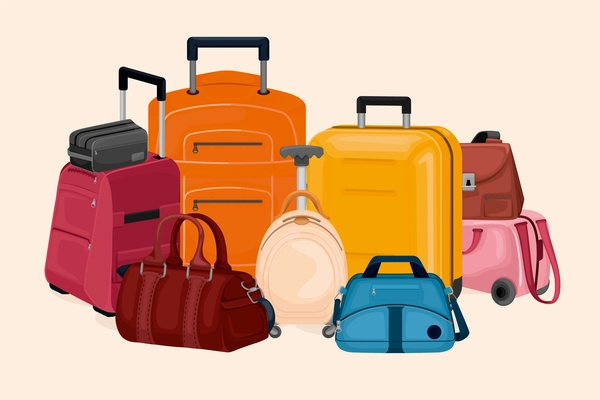 Luggage colored composition with plastic suitcases on wheels travel bags and clutch flat vector illustration