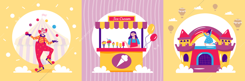 Amusement park design concept with three square compositions of dancing clown market stall and rubber castle vector illustration