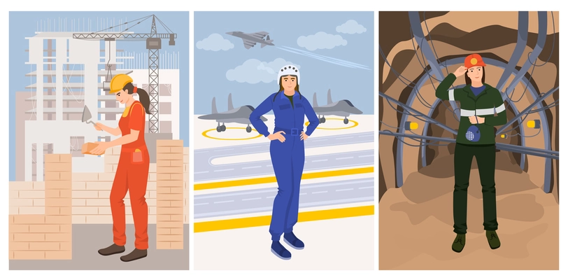 Woman professions flat cards set of three vertical compositions with female builder pilot and miner characters vector illustration