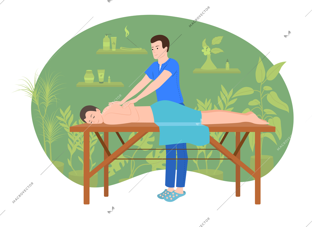 Massage spa people flat composition with characters of client lying on table with working massage therapist vector illustration