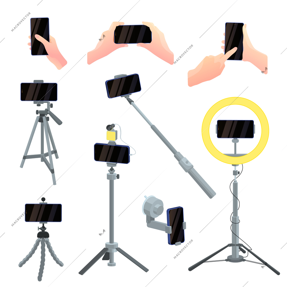 Vlog equipment phone shooting flat icon set with isolated images of smartphones in hands on stands vector illustration