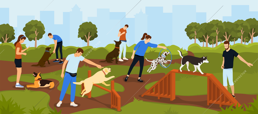 Dog training playground flat composition with horizontal cityscape scenery and multiple dog owners training their dogs vector illustration