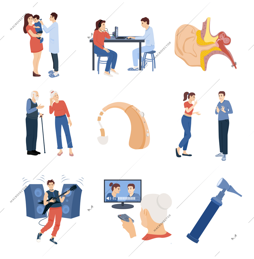 Hearing hygiene deaf people problems flat set of isolated icons with human characters and aid accessories vector illustration