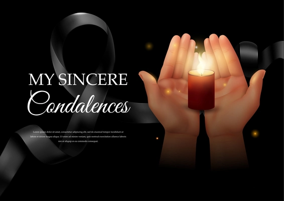 In loving memory horizontal background composition with editable ornate text black ribbon and hands holding candle vector illustration