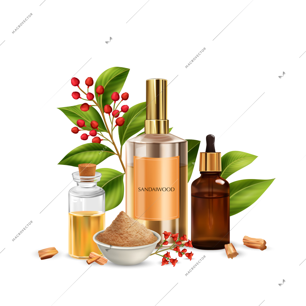 Realistic sandalwood composition with images of ripe leaves berries and cosmetic products packages with sandal powder vector illustration