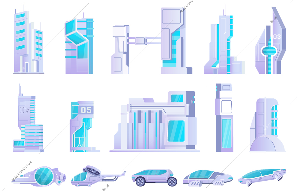 Cyberpunk city set of flat isolated icons with futuristic buildings tower skyscrapers and cars with helicopter vector illustration