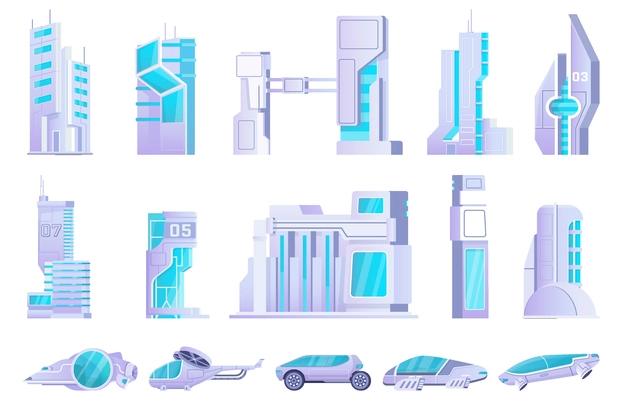 Cyberpunk city set of flat isolated icons with futuristic buildings tower skyscrapers and cars with helicopter vector illustration