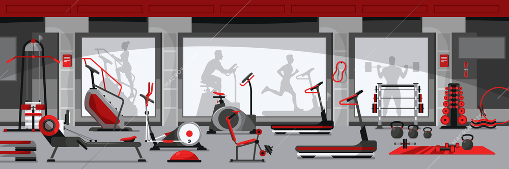 Flat gym interior with various exercise machines and equipment and silhouettes of people doing workout on background vector illustration