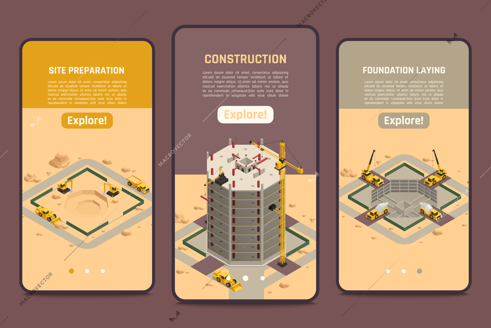 Skyscraper construction vertical isometric banners set with foundation laying symbols isolated vector illustration